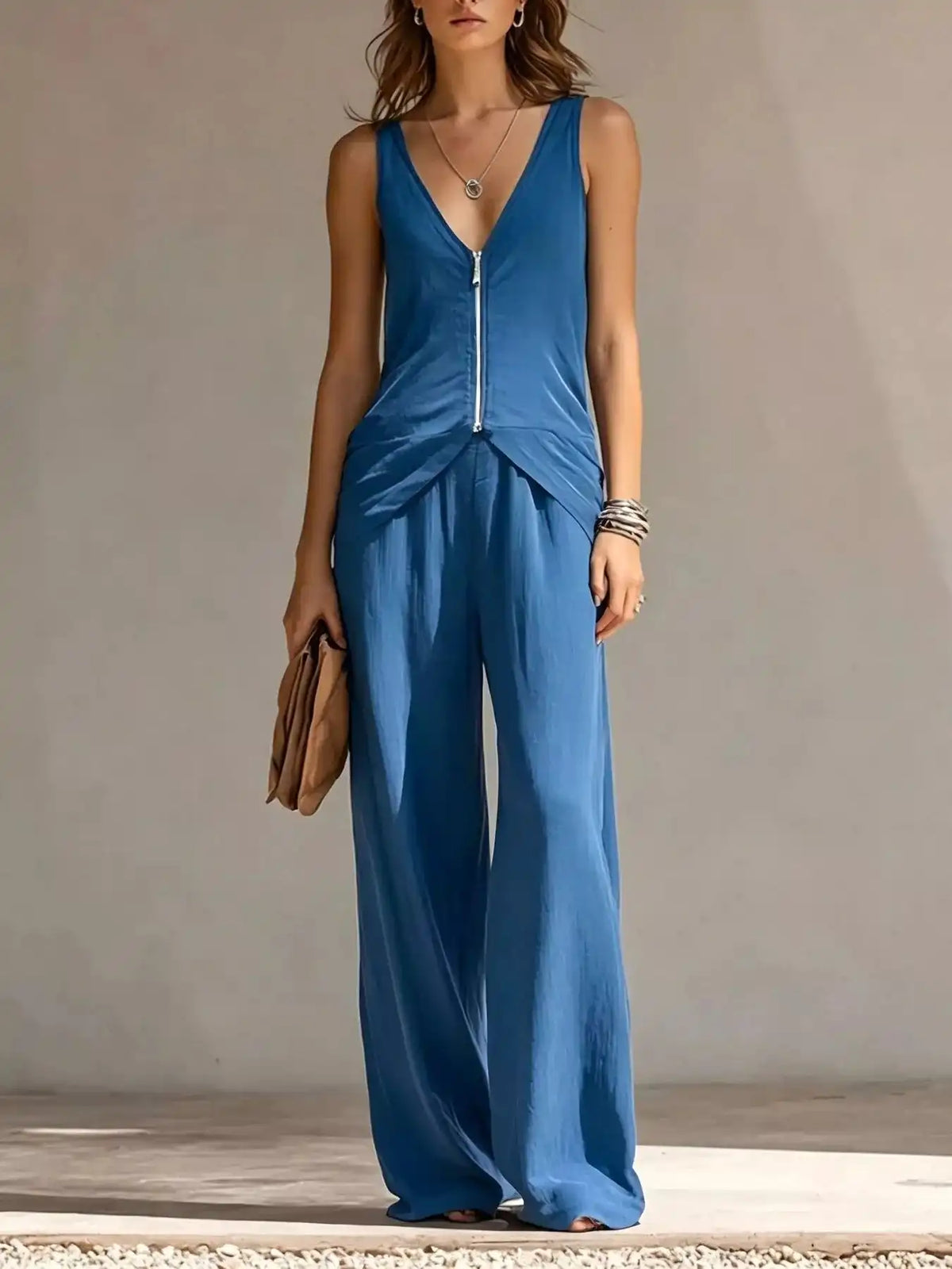 Full Size Zipper Front Tank and Wide-Leg Pants Set Plus Size 101001865169610 58 Women's Pants Set Gifts for Her Jerry's Apparel 