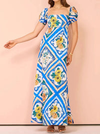 Printed Square Neck Puff Sleeve Maxi Dress
