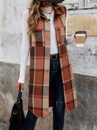 Perfee Pocketed Button Up Plaid Vest