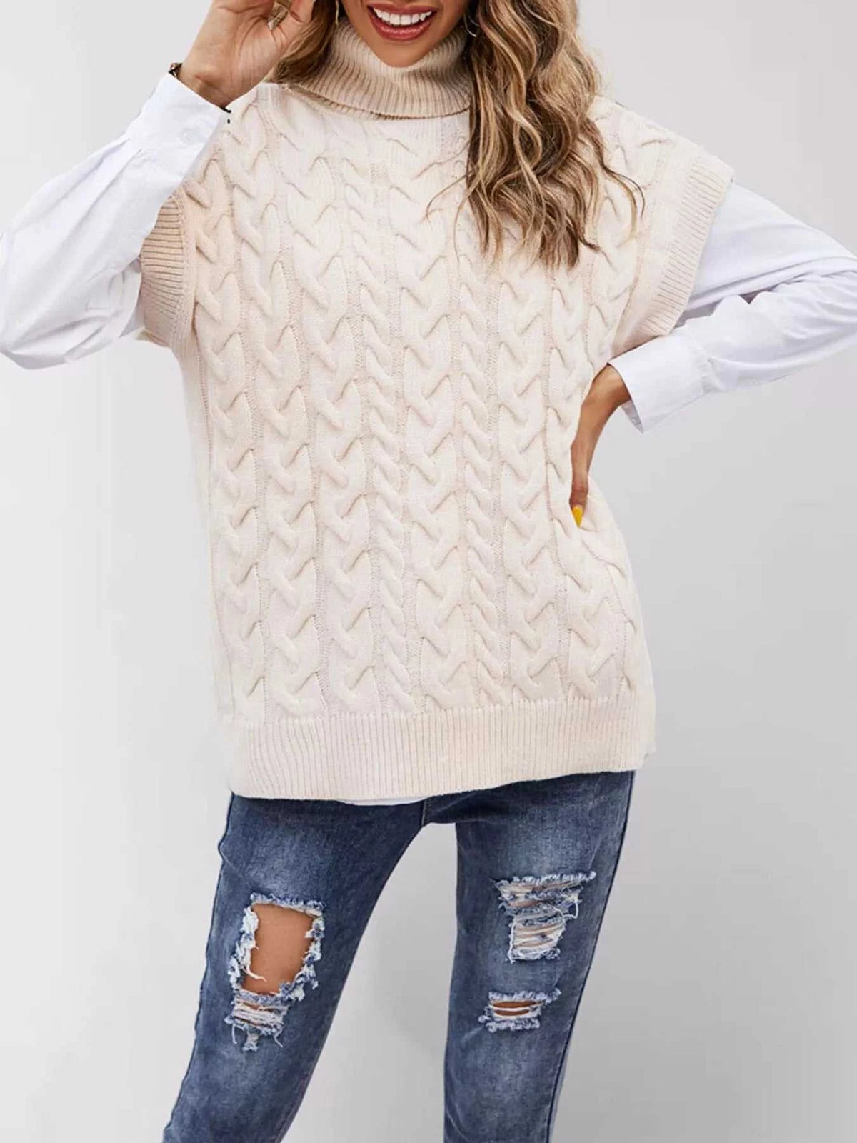 Chunky Knit Turtleneck Cap Sleeve Sweater 100100761483880 45 Jerry's Apparel 