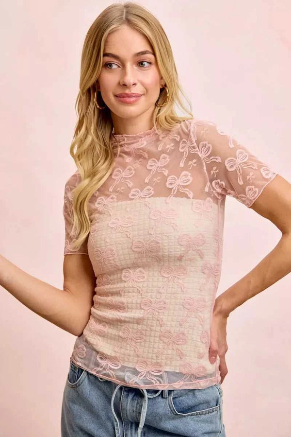 BiBi High Neckline Short Sleeves Bow Pattern Mesh Top 100100195641471 30 Affordable Fashion Under $100 Jerry's Apparel 