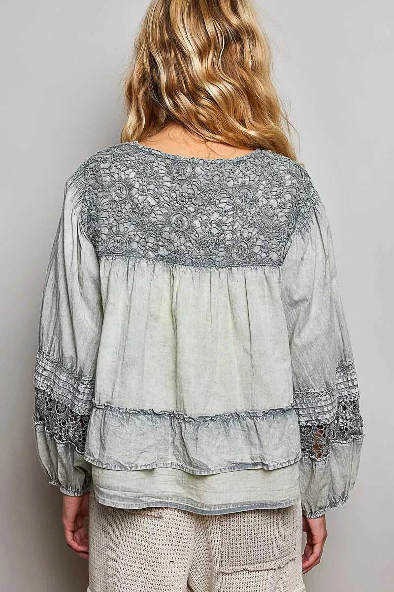 POL Washed Layered Lace Pintuck Flared Woven Blouse 100100275131459 59 Affordable Fashion Under $100 Jerry's Apparel 