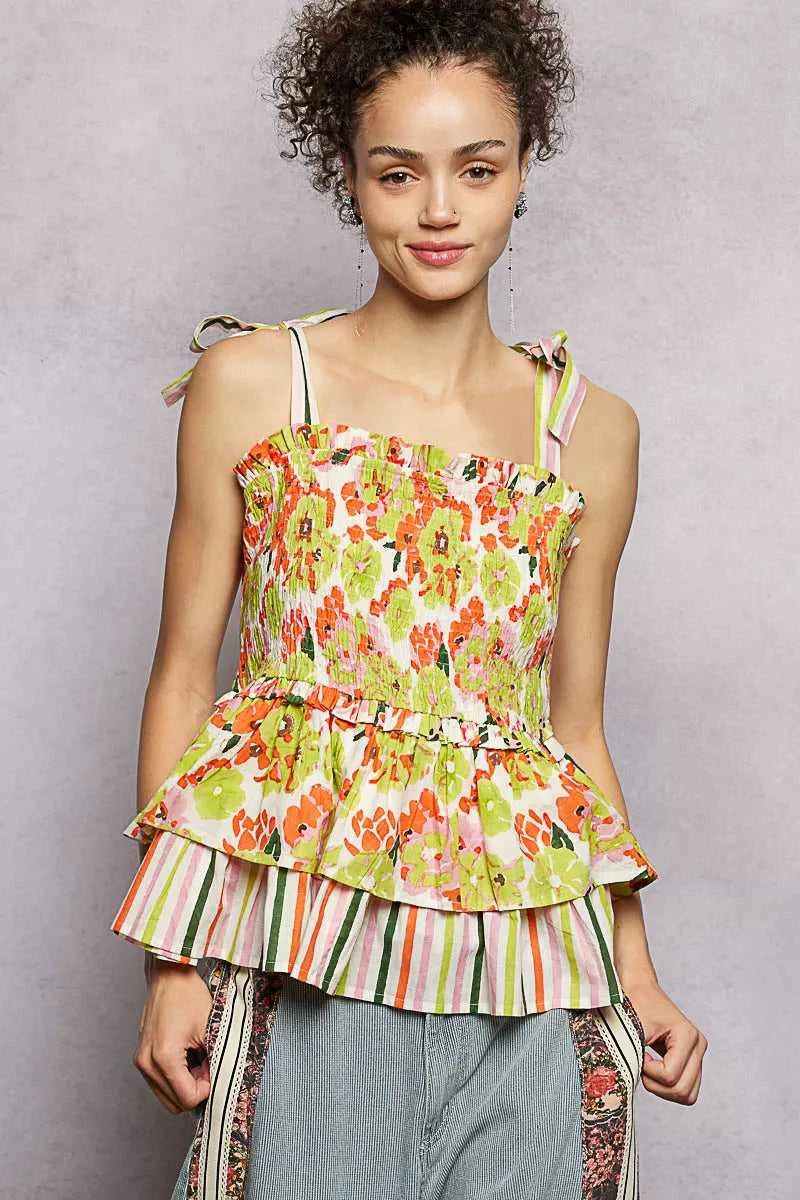 POL Floral Smocked Ruffled Cami with Tie Shoulder Straps 100100869351692 64 Affordable Fashion Under $100 Jerry's Apparel 