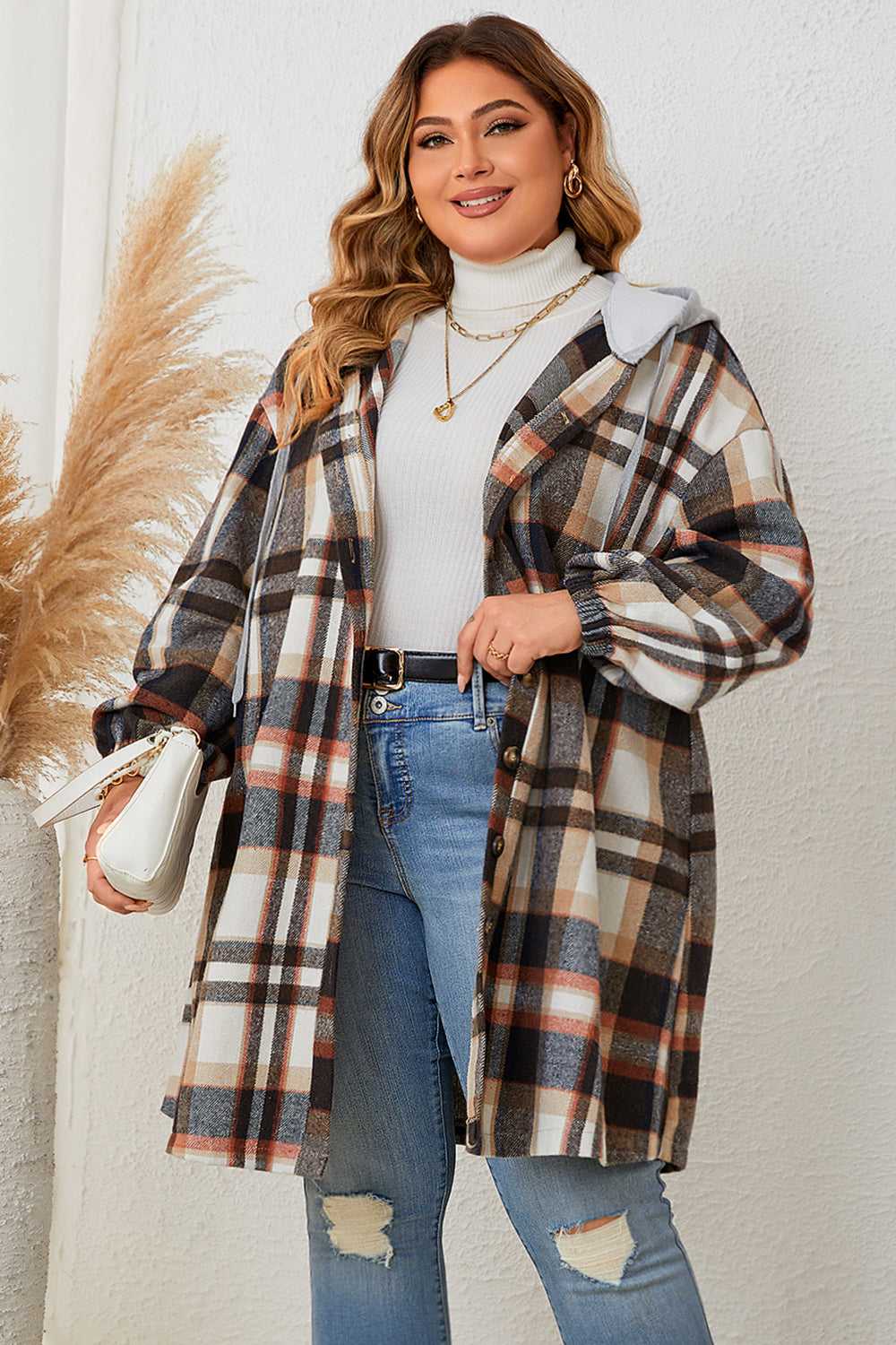 Honey Plus Size Plaid Drop Shoulder Hooded Coat 100100733937686 56 Affordable Fashion Under $100 Jerry's Apparel 