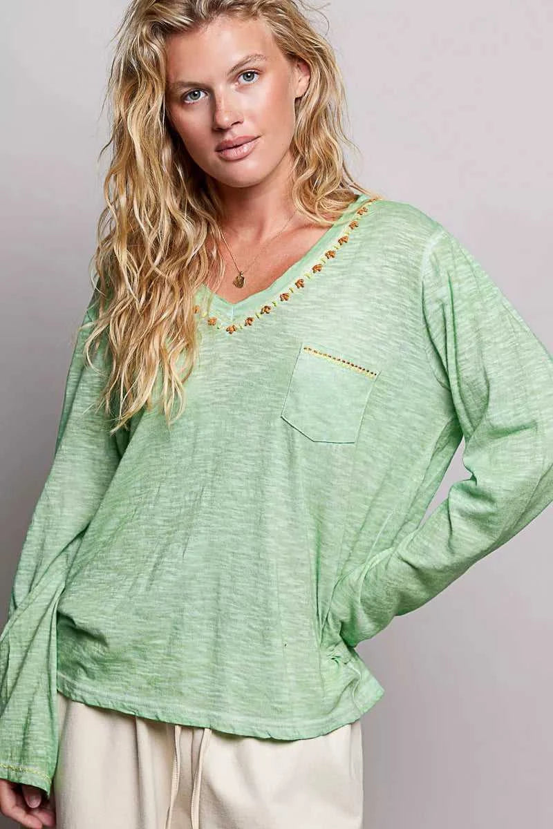 POL V-Neck Contrast Stitch Lightweight Knit Long Sleeve Top 100100758871141 43 Affordable Fashion Under $100 Jerry's Apparel 
