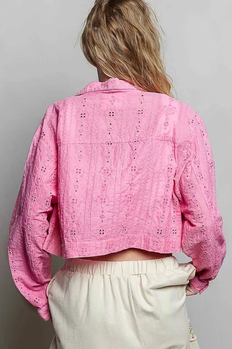 POL Eyelet Textured Cotton Cropped Button-Front Jacket 100100702861322 66 Affordable Fashion Under $100 Jerry's Apparel 