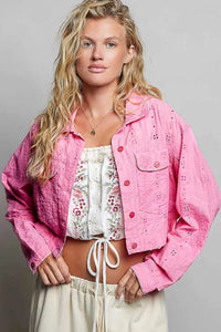 POL Eyelet Textured Cotton Cropped Button-Front Jacket 100100702861322 66 Affordable Fashion Under $100 Jerry's Apparel 