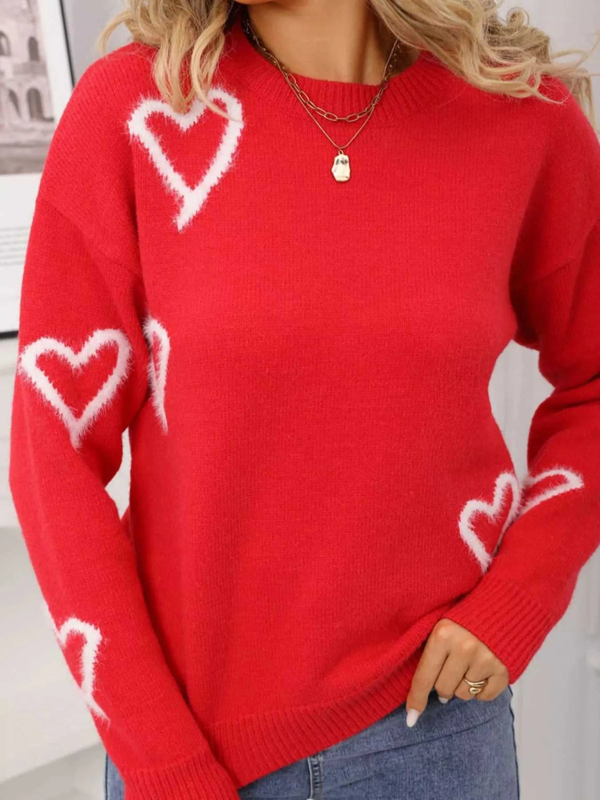 Valentine's Day Heart Print Crew Neck Sweater 100100466321617 50 Gifts for Her Jerry's Apparel 