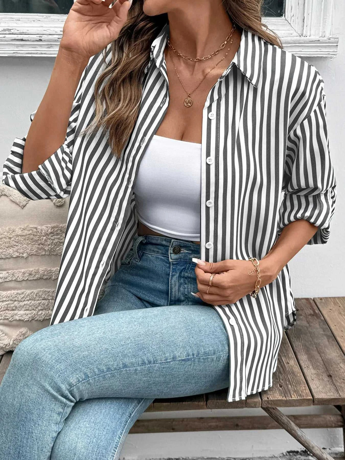 Striped Oversized Button-Up Shirt 100100354131470 50 Affordable Fashion Under $100 Jerry's Apparel 