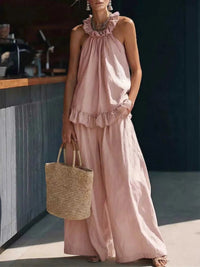 Full Size Ruffled Halter Neck Top and Wide-Leg Pants Set Plus Size 100100136728572 49 Affordable Fashion Under $100 Jerry's Apparel 