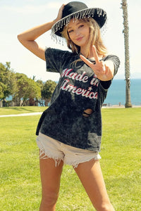 BiBi Laser Cut Mineral Washed America Print Top