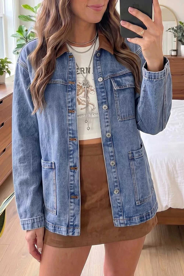 Patchwork Leather Collar Long Sleeve Denim Jacket 100100357523581 69 Affordable Fashion Under $100 Jerry's Apparel 