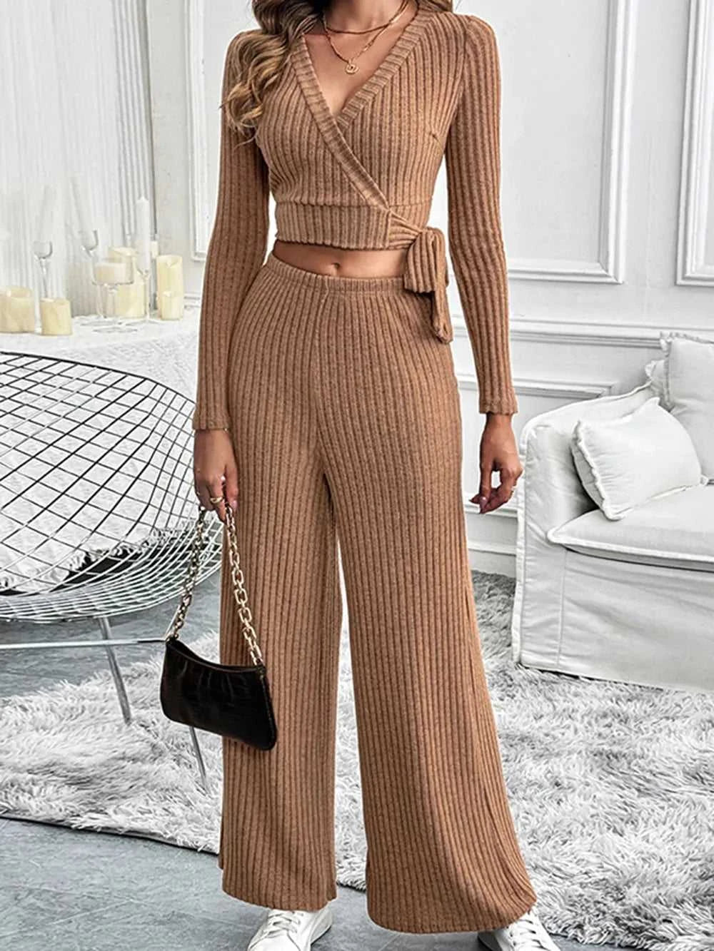 Perfee Surplice Long Sleeve Top and Pants Set 100100682721258 48 Jerry's Apparel 
