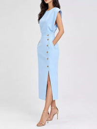 Sleeveless Midi Dress with Gold Button Detail and Side Slit 101001590890082 42 Affordable Fashion Under $100 Jerry's Apparel 