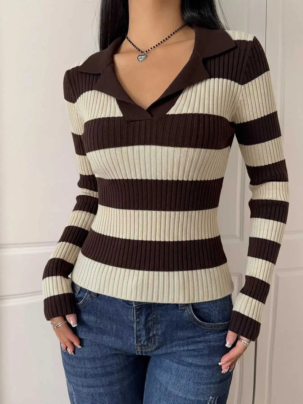 Striped Ribbed Knit Long Sleeve Sweater 100100411888212 40 Women's Sweaters and Knitwear Jerry's Apparel 