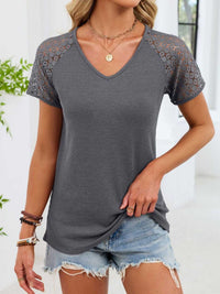 Lace Sleeve V-Neck Waffle Knit T-Shirt 100100150990299 25 Affordable Fashion Under $100 Jerry's Apparel 