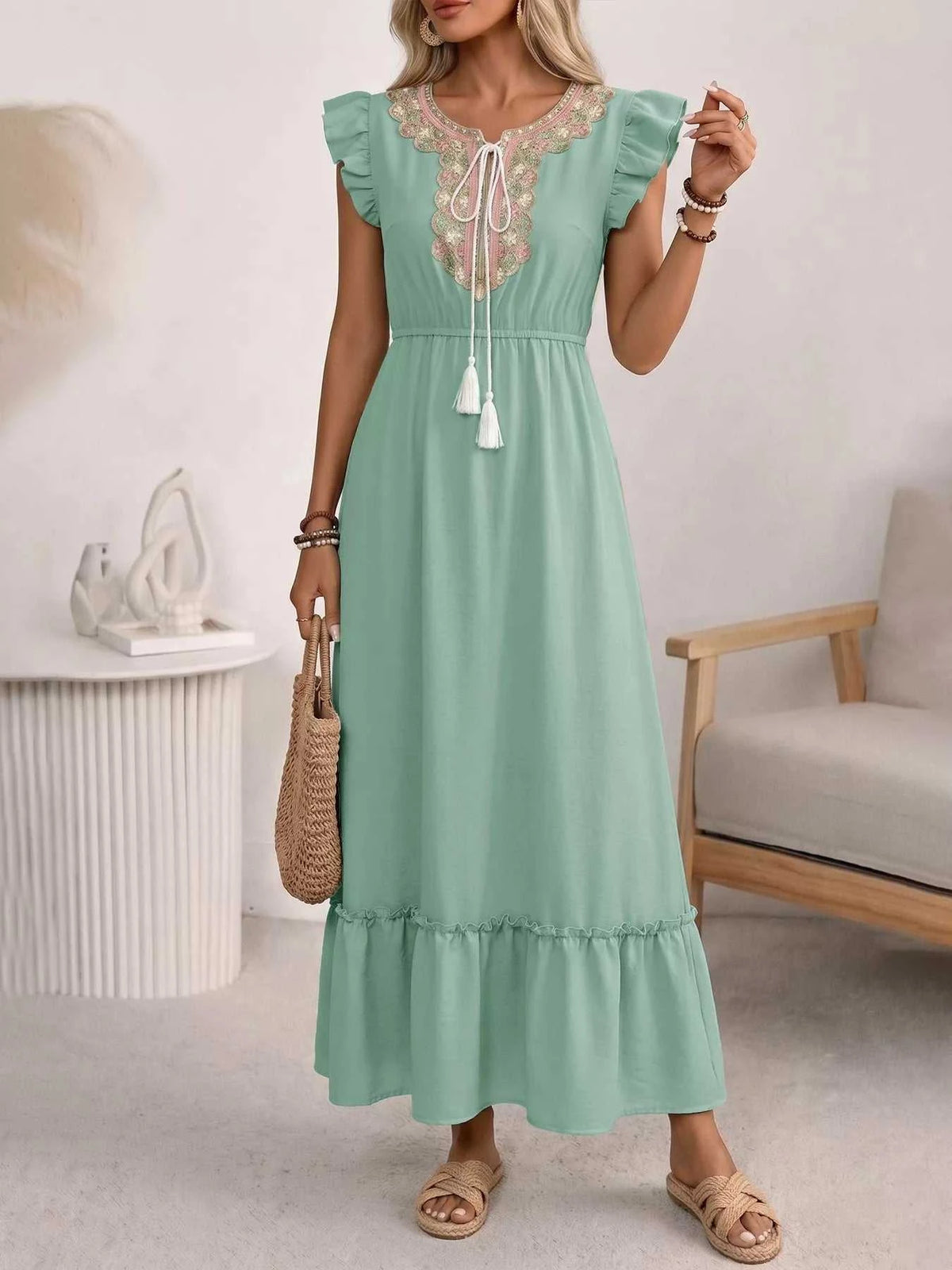 Tie Neck Ruffle Sleeve Maxi Dress 100100626319052 44 Affordable Fashion Under $100 Jerry's Apparel 