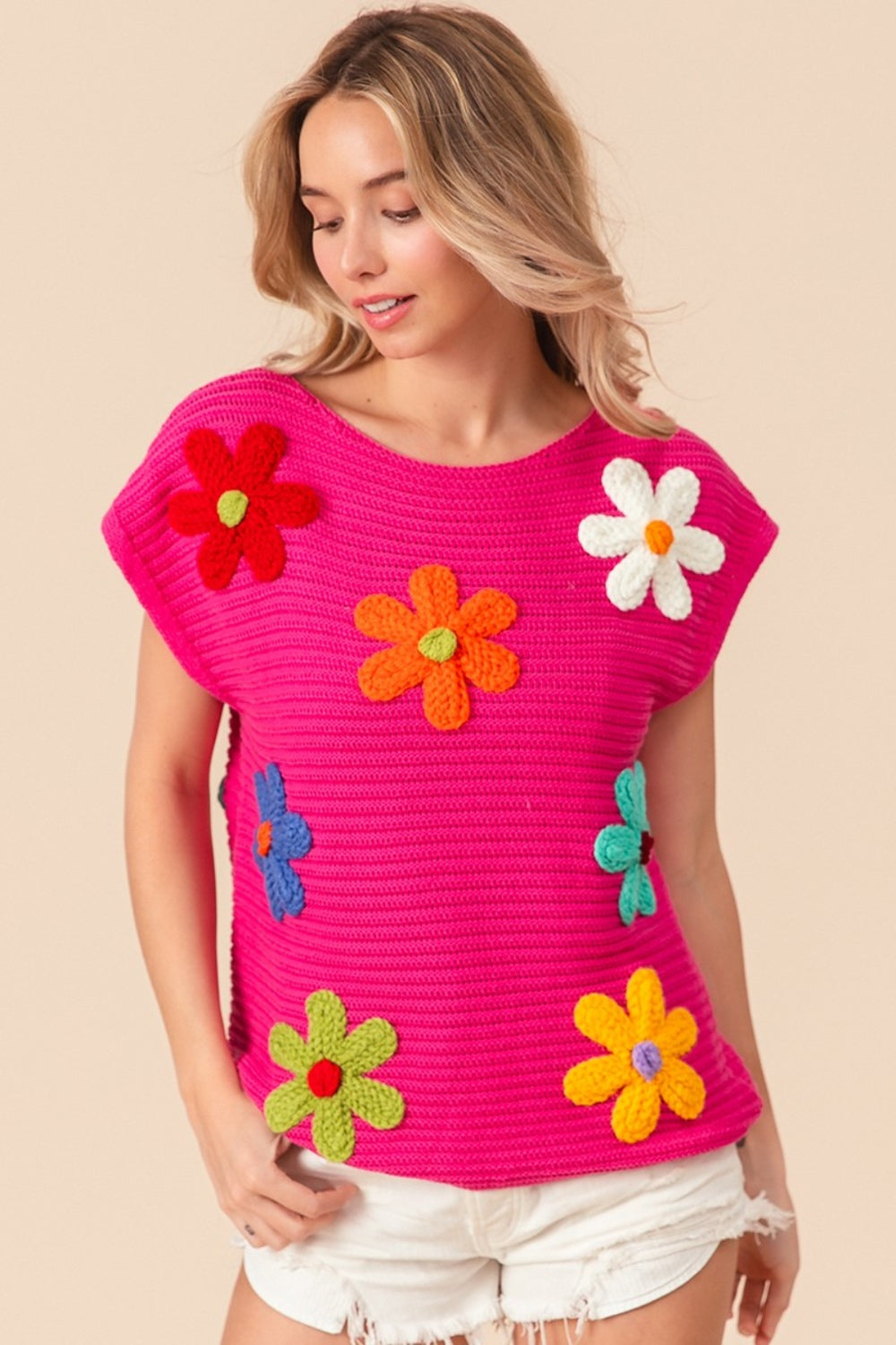 Flower Round Neck Cap Sleeve Knit Top