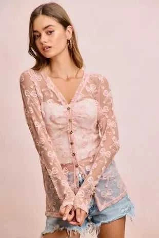 BiBi Bow Pattern Shrried V-neck Mesh Cardigan Top 100100638301325 44 Affordable Fashion Under $100 Jerry's Apparel 