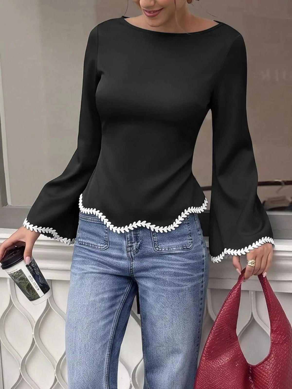Contrast Trim Flare Sleeve Blouse 100100859093483 30 Affordable Fashion Under $100 Jerry's Apparel 
