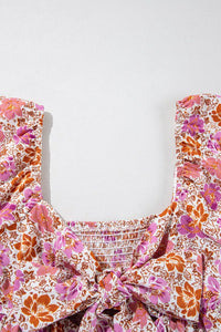 Floral Square Neck Knotted Ruffle Midi Dress
