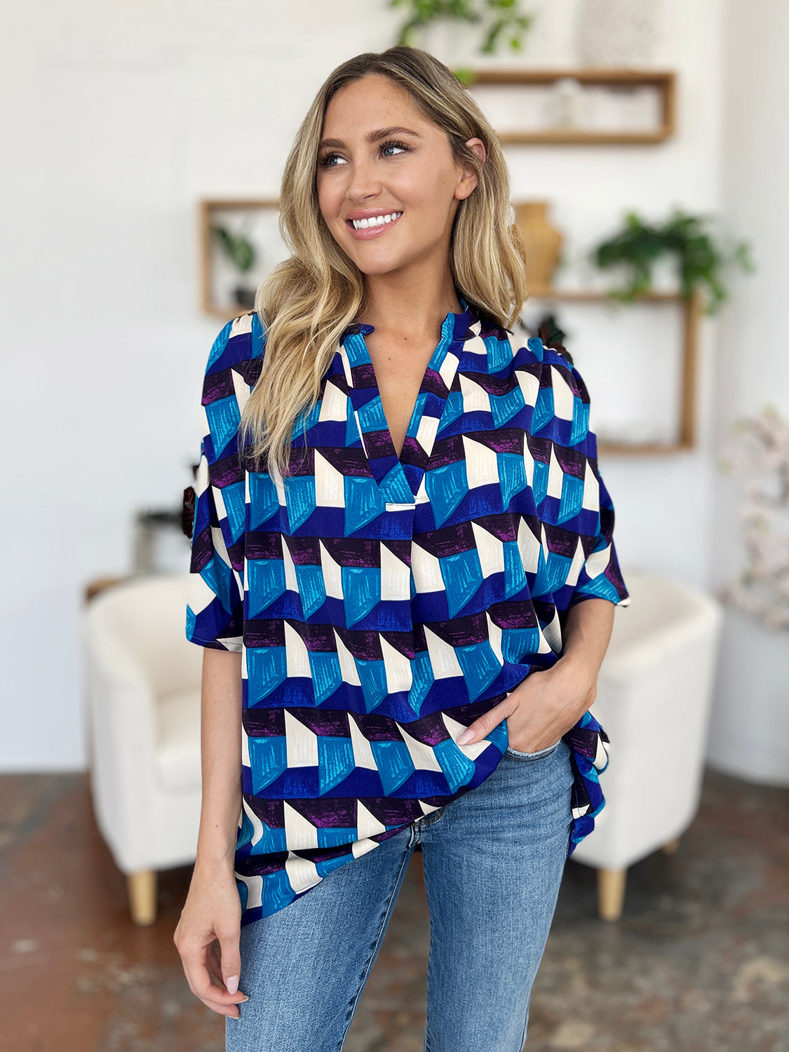 Full Size Geometric Notched Half Sleeve Blouse