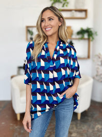 Full Size Geometric Notched Half Sleeve Blouse