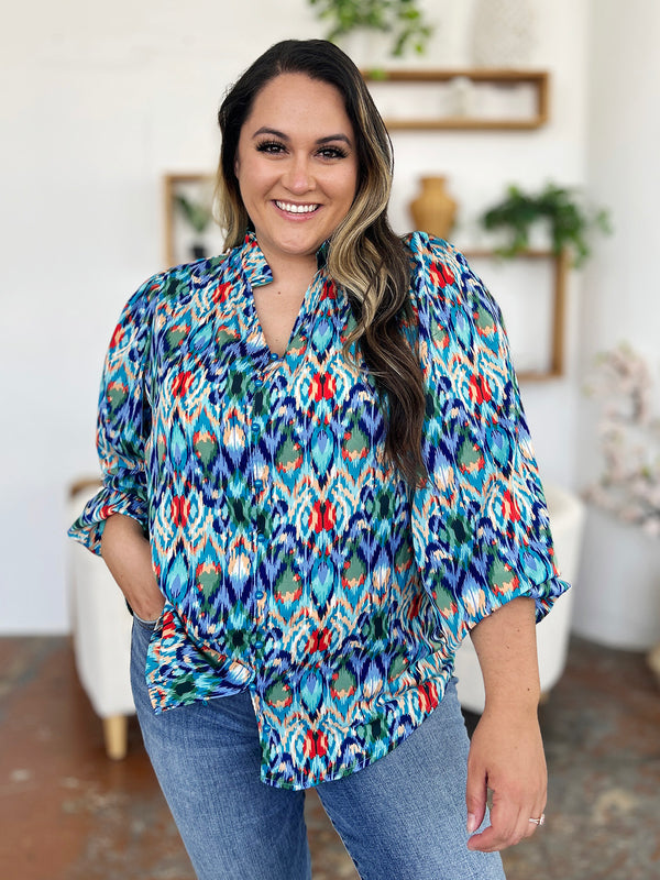 Full Size Printed Balloon Sleeve Blouse