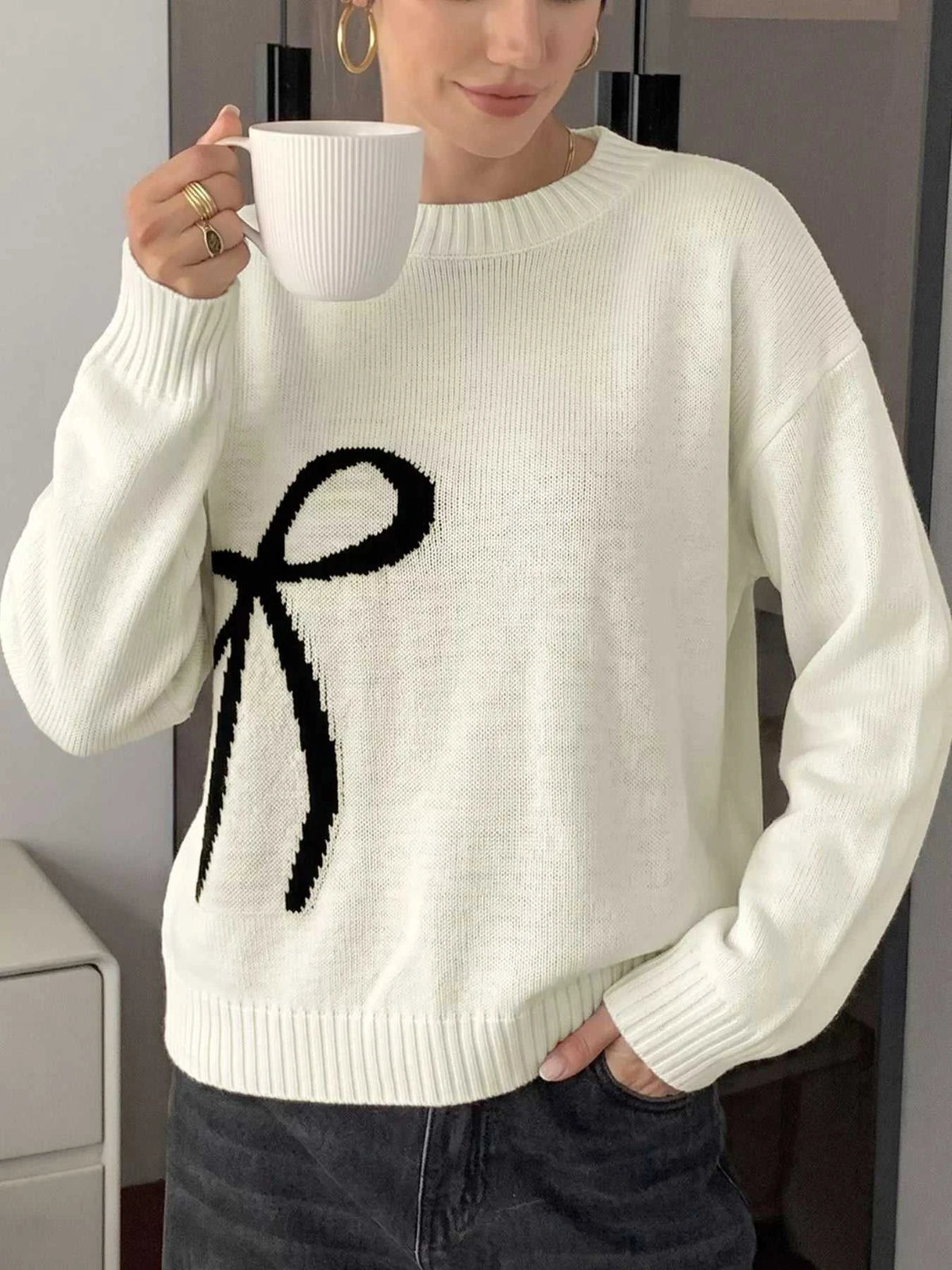 Bow Graphic Round Neck Sweater 100100406045072 38 Affordable Fashion Under $100 Jerry's Apparel 