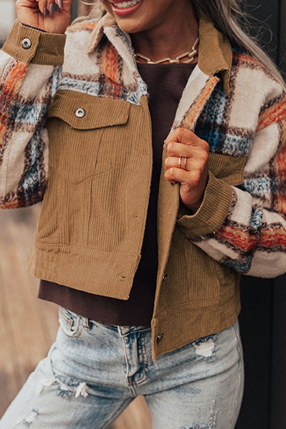 Plaid Corduroy Flap Pockets Button Up Jacket