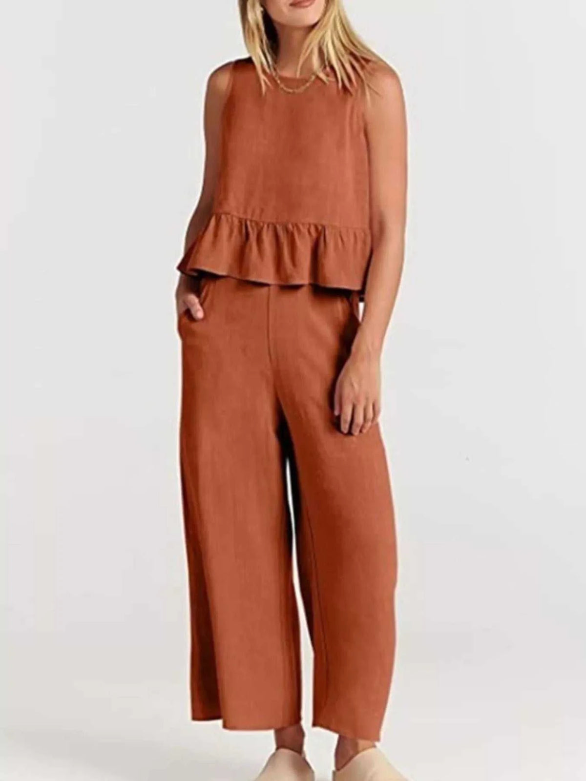 Full Size Ruffled Hem Sleeveless Top and Wide-Leg Pants Set Plus Size 100100048319818 31 Affordable Fashion Under $100 Jerry's Apparel 