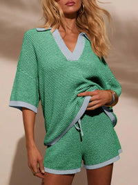 Collared Neck Contrast Striped Top and Shorts Sweater Set