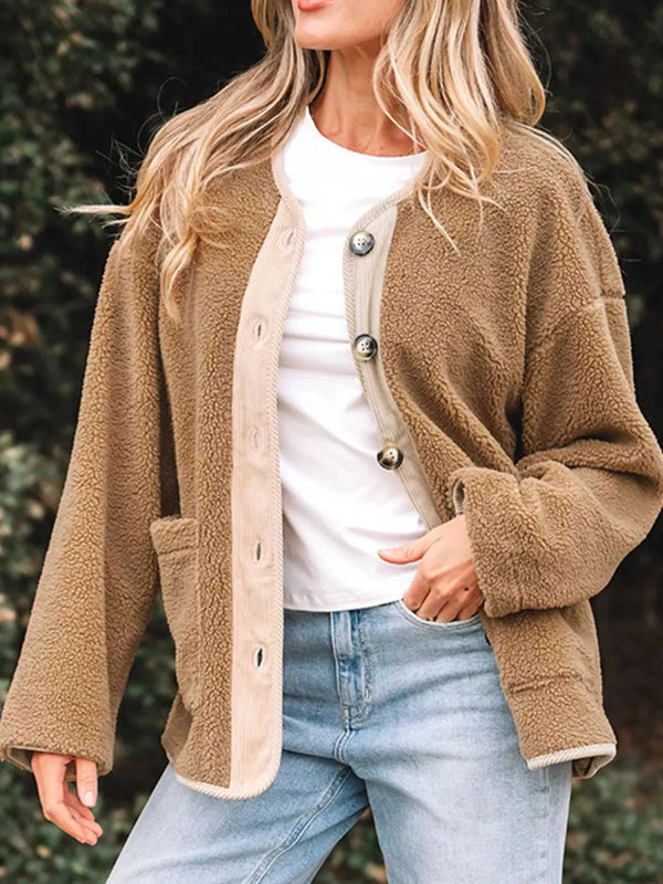 Puffy Plush Corduroy Edge Patchwork Jacket with Pockets 100100850651058 63 Affordable Fashion Under $100 Jerry's Apparel 