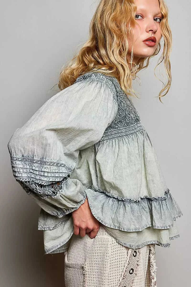 POL Washed Layered Lace Pintuck Flared Woven Blouse 100100275131459 59 Affordable Fashion Under $100 Jerry's Apparel 