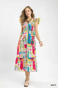 Umgee Abstract Print Smocked Ruffle Sleeve Tiered Midi Dress 100100818101442 66 Affordable Fashion Under $100 Jerry's Apparel 
