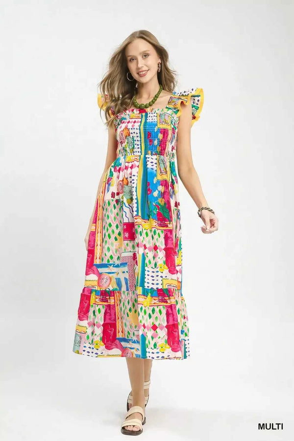 Umgee Abstract Print Smocked Ruffle Sleeve Tiered Midi Dress 100100818101442 66 Affordable Fashion Under $100 Jerry's Apparel 