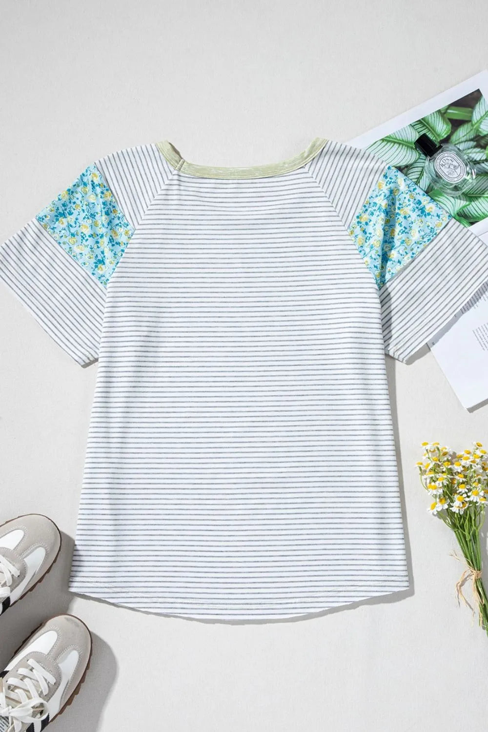 Stripe Floral Insert Sleeves Contrast Round Neck Tee