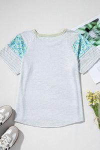Stripe Floral Insert Sleeves Contrast Round Neck Tee