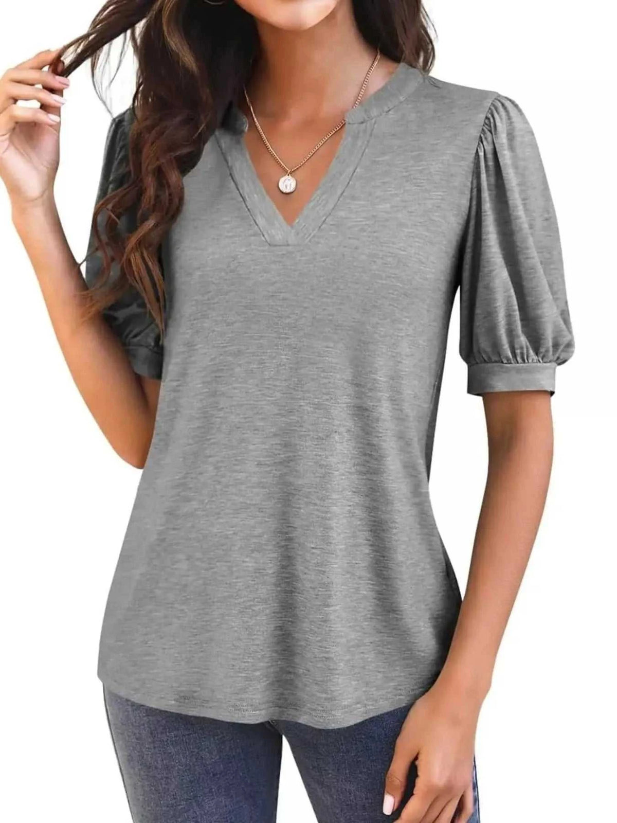 Puff Sleeve Notched Casual T-Shirt 100100978352776 23 Affordable Fashion Under $100 Jerry's Apparel 