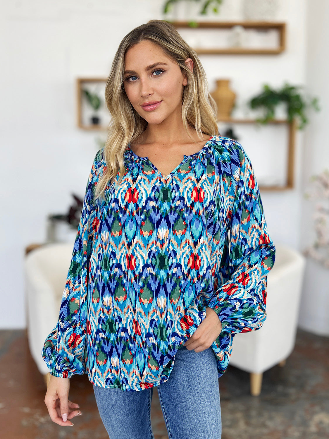 Full Size Printed Balloon Sleeve Blouse