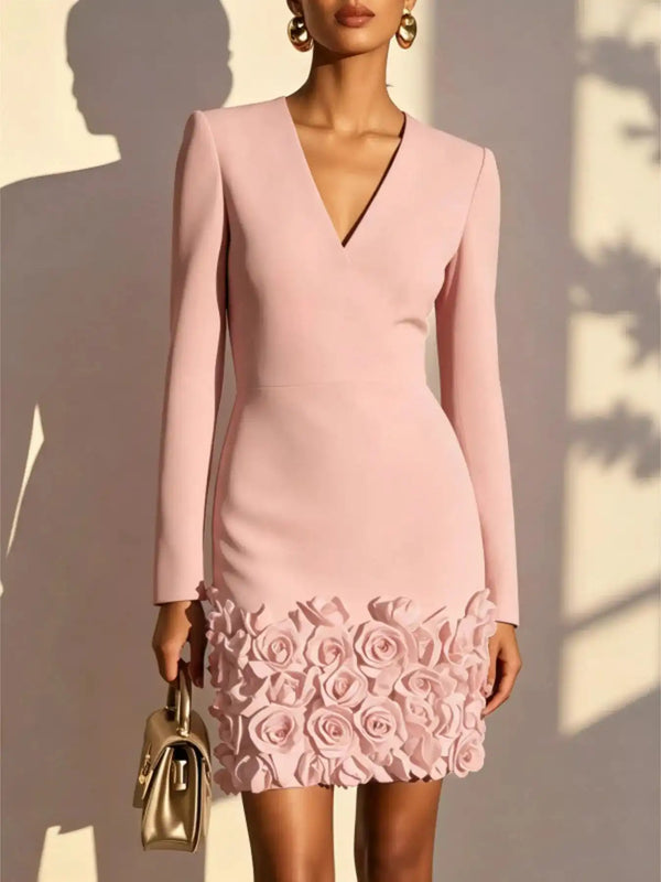 V-Neck Long Sleeve Mini Dress with 3D Rose Floral Hem 101001375780495 54 Affordable Fashion Under $100 Jerry's Apparel 