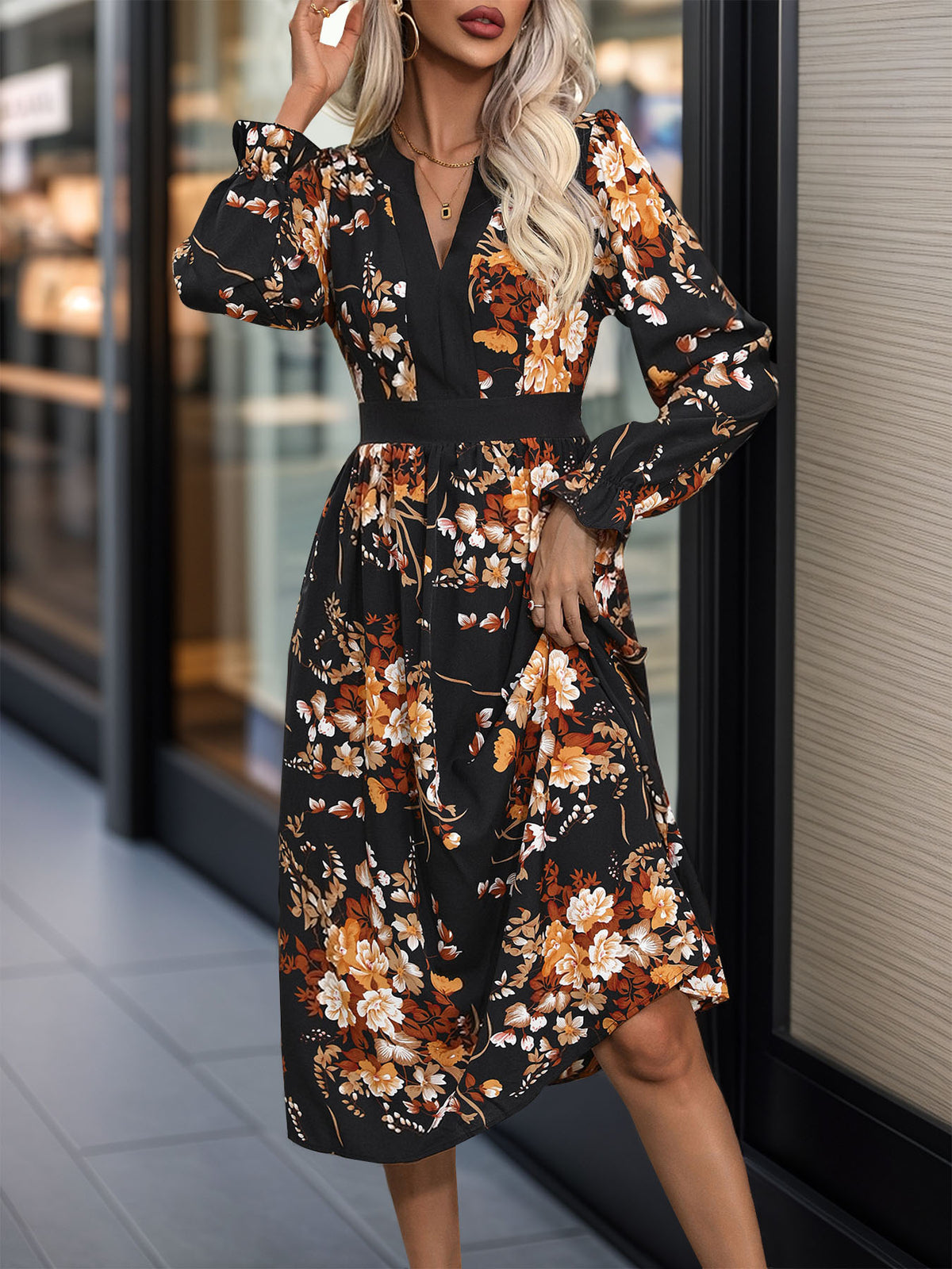 Perfee Printed Notched Long Sleeve Midi Dress