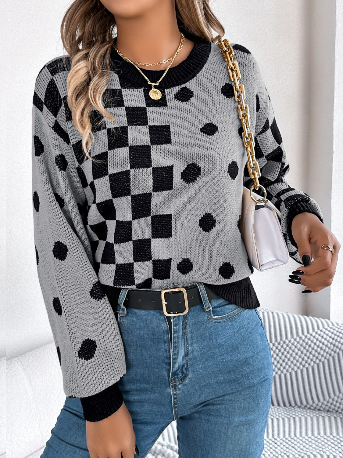 Plaid Round Neck Long Sleeve Sweater