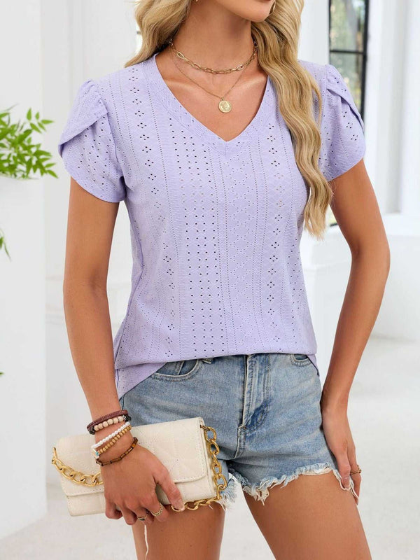 Eyelet Petal Sleeve V-Neck T-Shirt 100100180821182 24 Affordable Fashion Under $100 Jerry's Apparel 