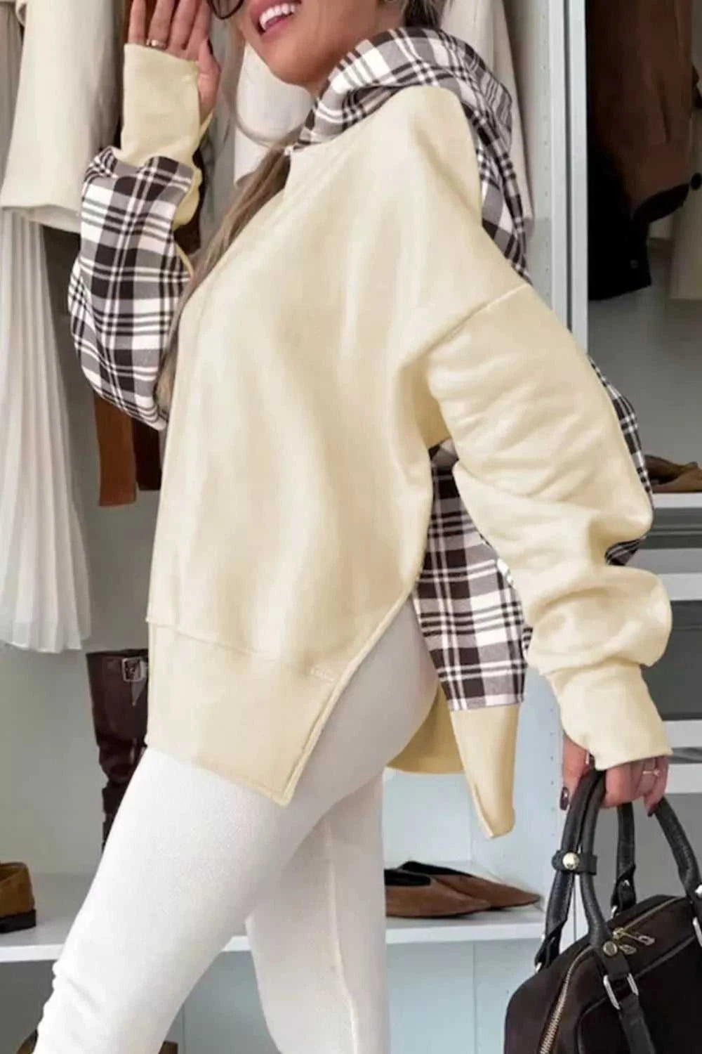 Plaid Side Slit Long Sleeve Hoodie 100100979085993 53 Affordable Fashion Under $100 Jerry's Apparel 