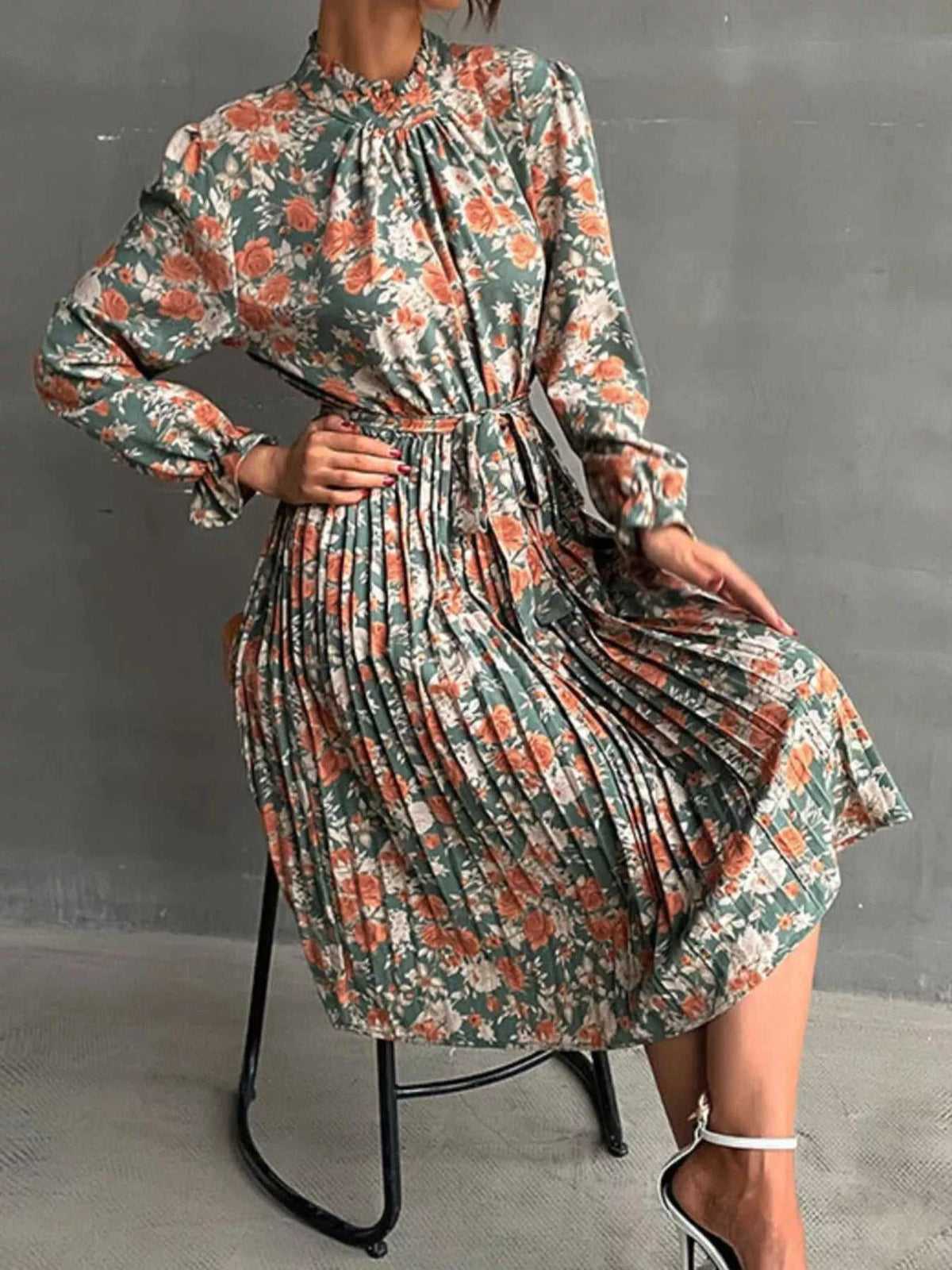 Floral Print Long Sleeve Pleated Midi Dress 100100269493915 46 Women's Midi Dress Affordable Boutique Dresses Under $50 Jerry's Apparel 
