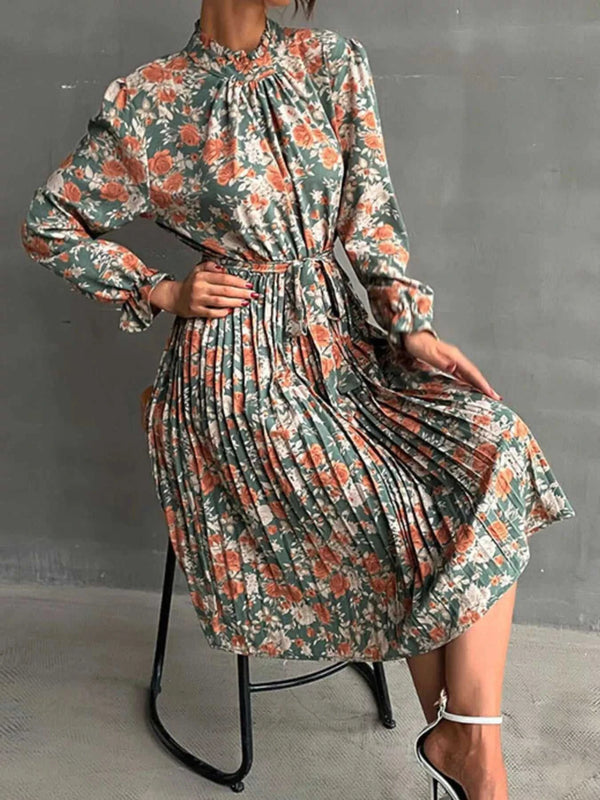 Floral Print Long Sleeve Pleated Midi Dress 100100269493915 46 Women's Midi Dress Affordable Boutique Dresses Under $50 Jerry's Apparel 