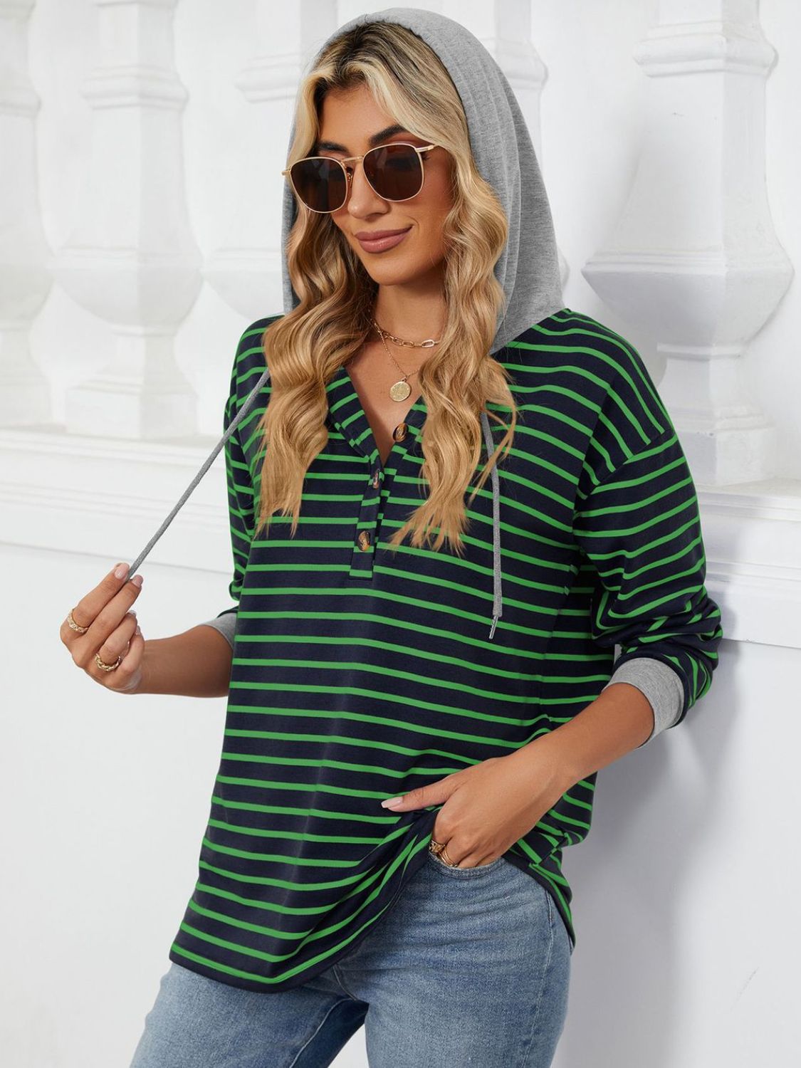 Drawstring Striped Long Sleeve Hoodie