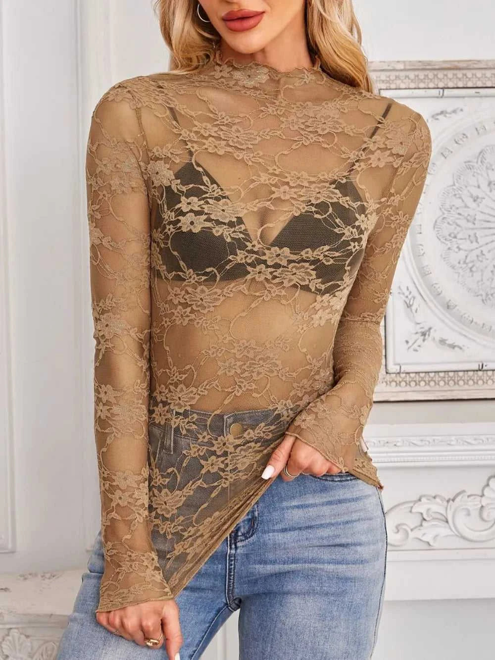 Mock Neck Long Sleeve Lace Sheer Top 100100861526419 16 Affordable Fashion Under $100 Jerry's Apparel 