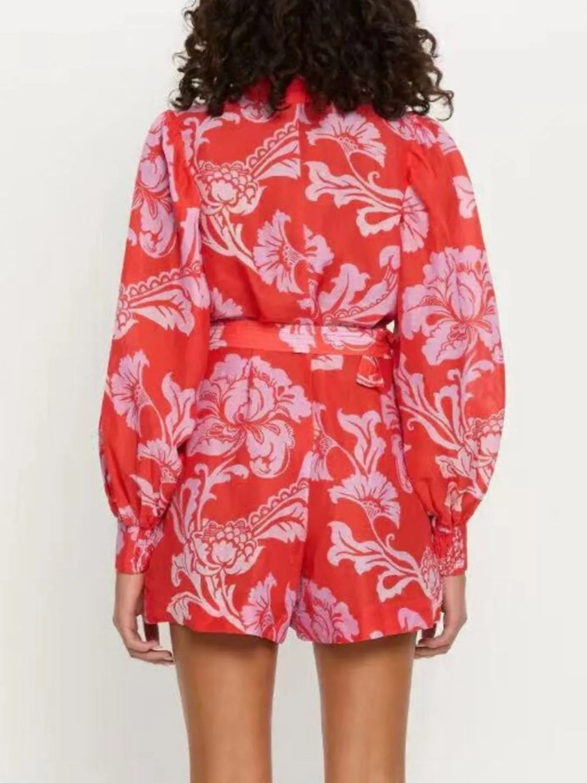 Printed Long Sleeve Belted Romper